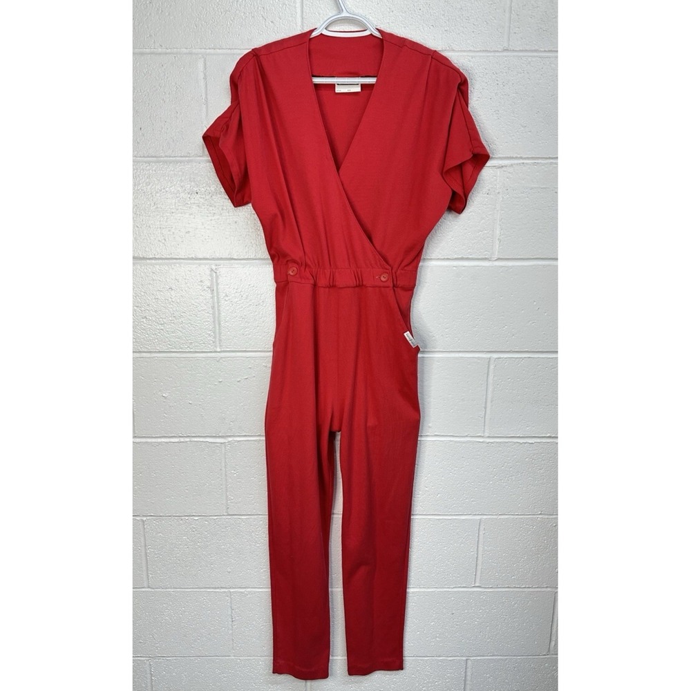VTG 80s Saint Germain Paris Red Jumpsuit Wrap V-Neck Short Sleeve One Piece/ M